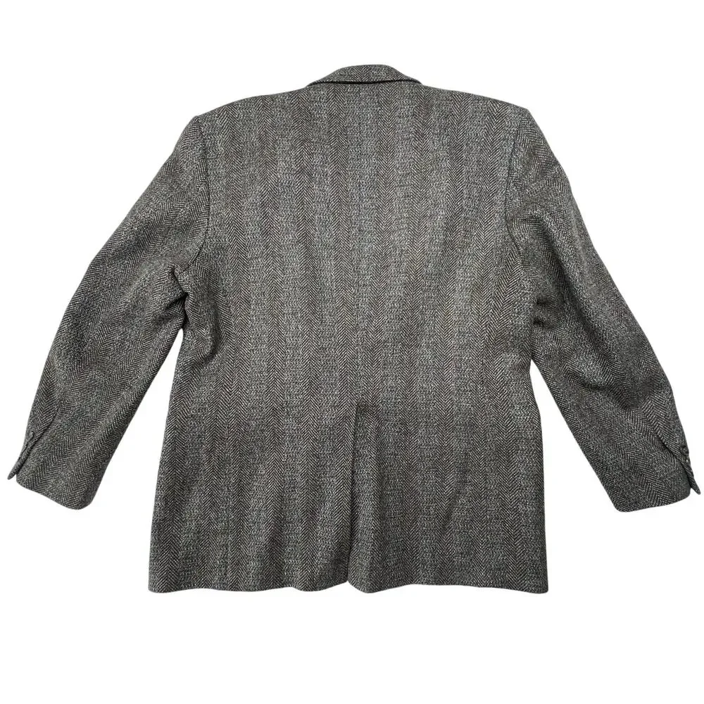Vintage 90s Haggar Blazer Mens 46R Gray Herringbone USA Wool Tweed Sport Coat